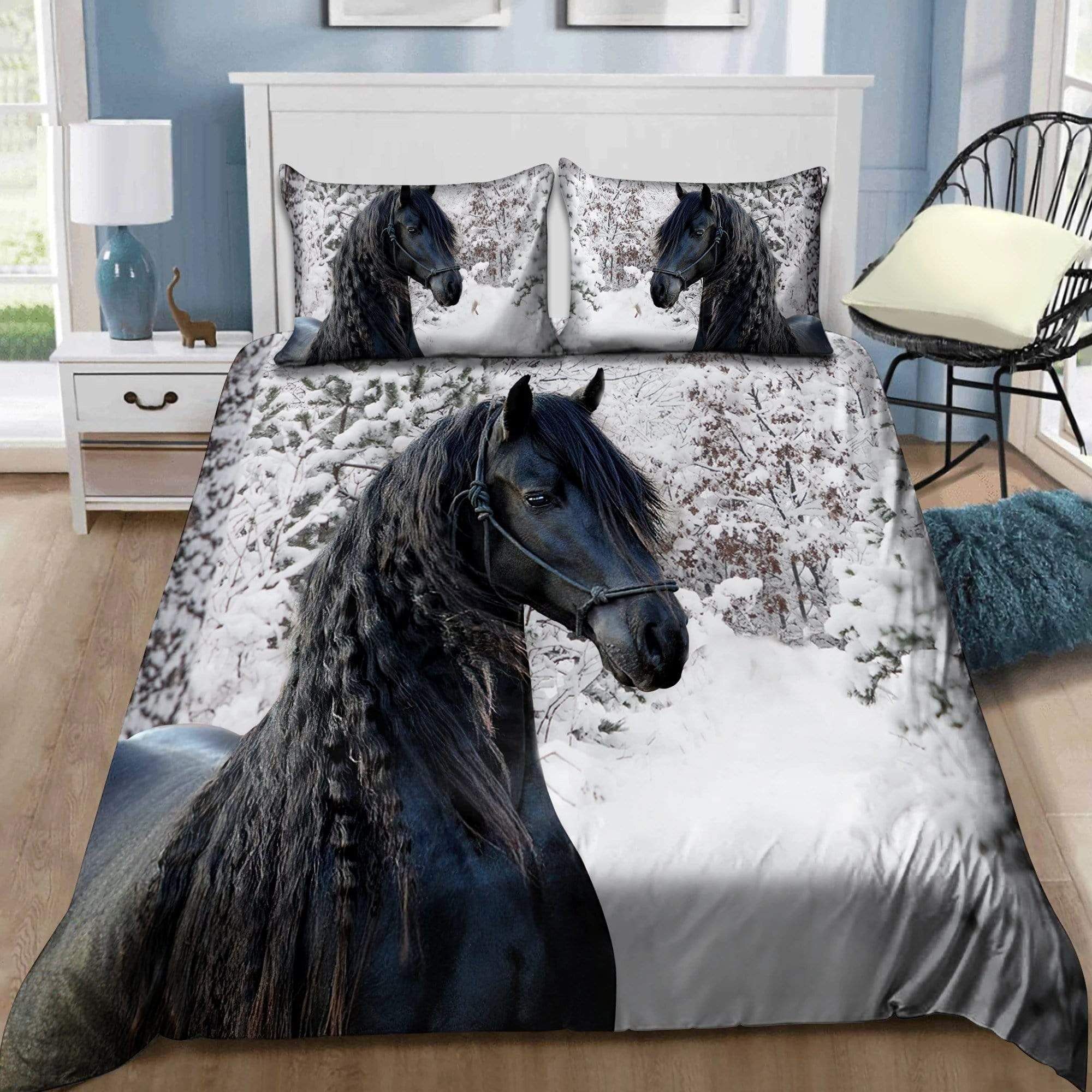 Beautiful Black Horse In Winter Duvet Cover Bedding Set