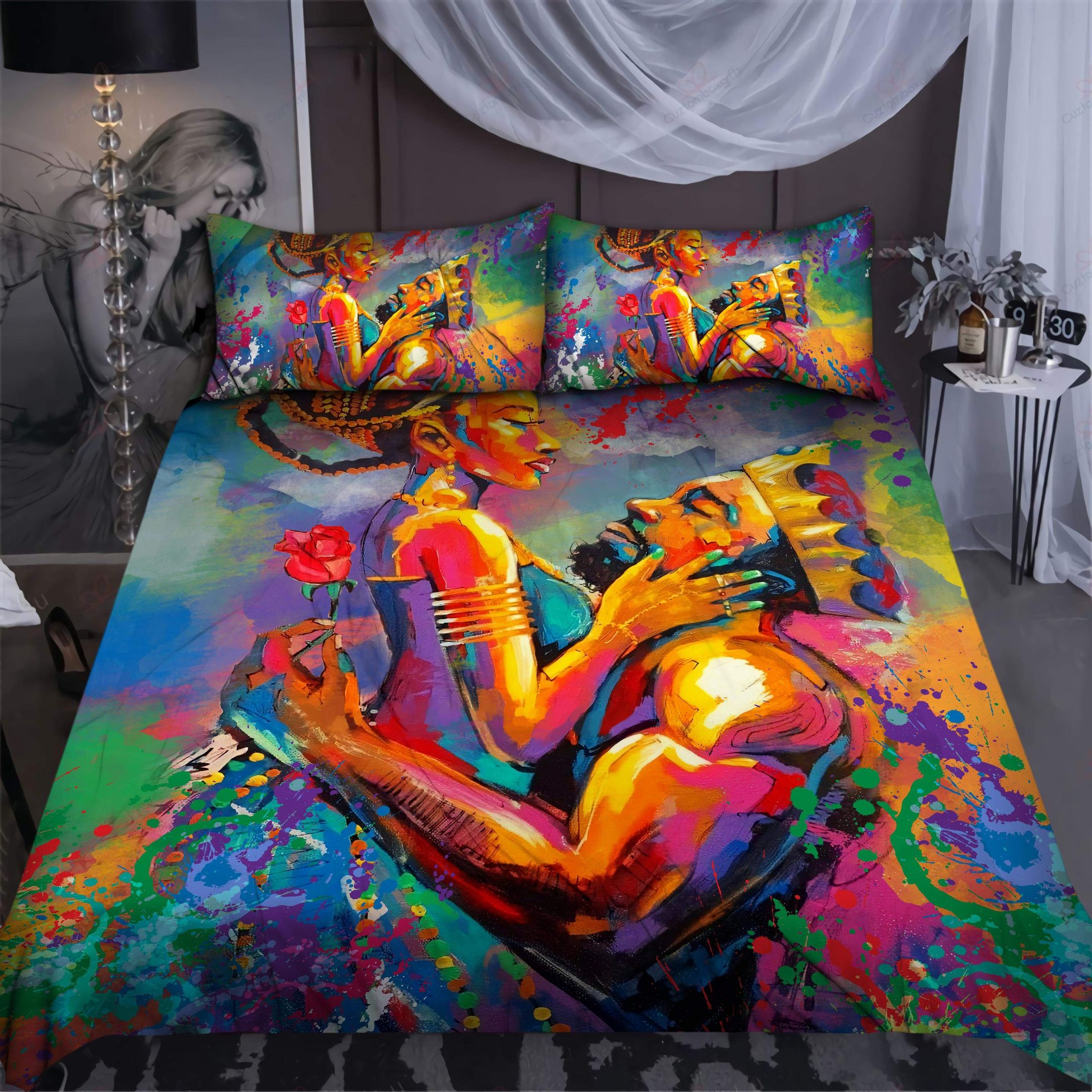 African Couple Lover Rose Duvet Cover Bedding Set