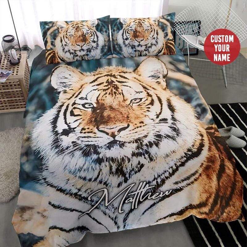 Personalized Tiger Watercolor Bedding Custom Name Duvet Cover Bedding Set