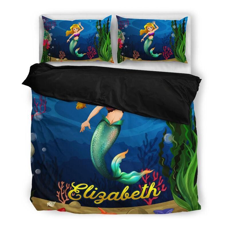 Personalized Beautiful Mermaid Under Ocean Custom Kid Duvet Cover Bedding Set With Name