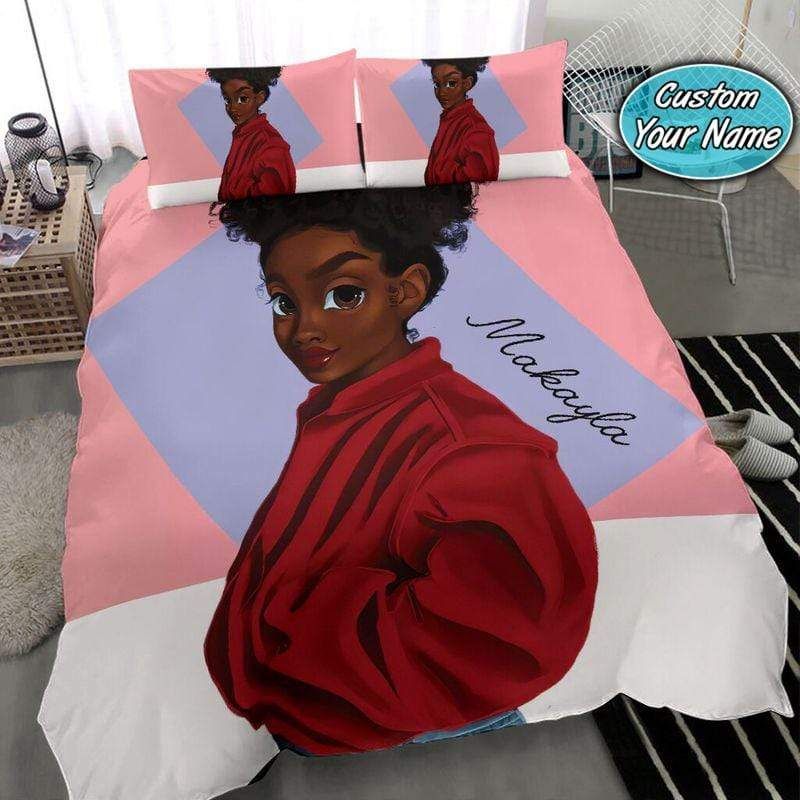 Personalized Black Girl Red Zip-Up Hoodie Custom Name Duvet Cover Bedding Set