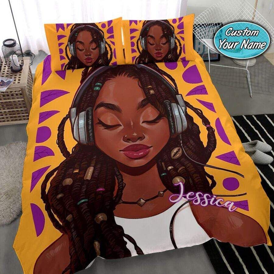 Personalized Black Girl With Headphone Custom Name Duvet Cover Bedding Set
