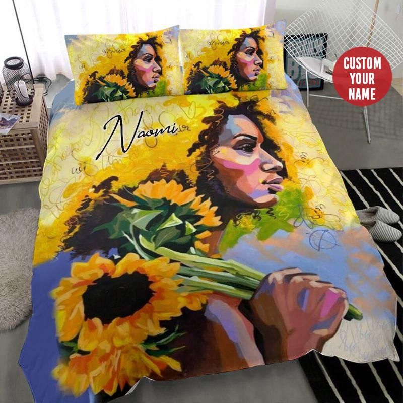 Personalized Black Woman Yellow Afro Sunflower Bedding Custom Name Duvet Cover Bedding Set