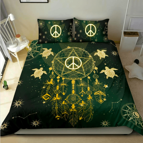 Green Hippie Dreamcatcher Turtle Duvet Cover Bedding Set
