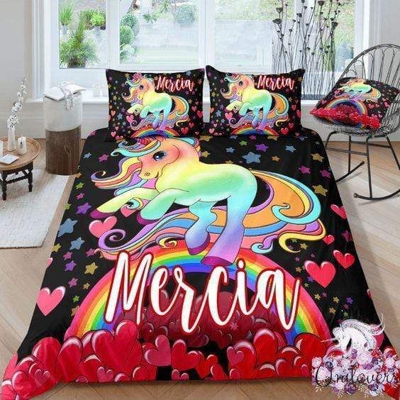 Personalized Custom Red Heart Unicorn Duvet Cover Bedding Set With Your Name