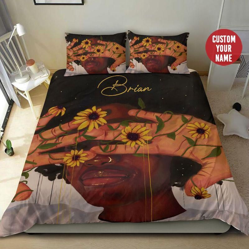 Personalized Black Girl Sunflower In Hand Custom Name Duvet Cover Bedding Set