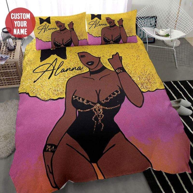 Personalized Sexy Black Woman Yellow Afro Hair Custom Duvet Cover Bedding Set With Your Name