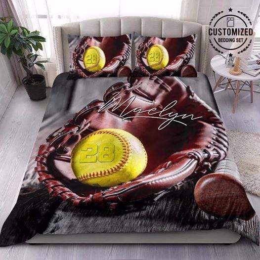 Personalized Customized Softball Leather Glove On Wooden Bedding Set With Your Name