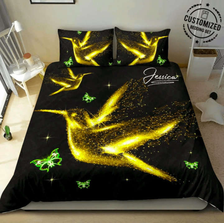 Personalized Gold Light Hummingbird Custom Name Duvet Cover Bedding Set