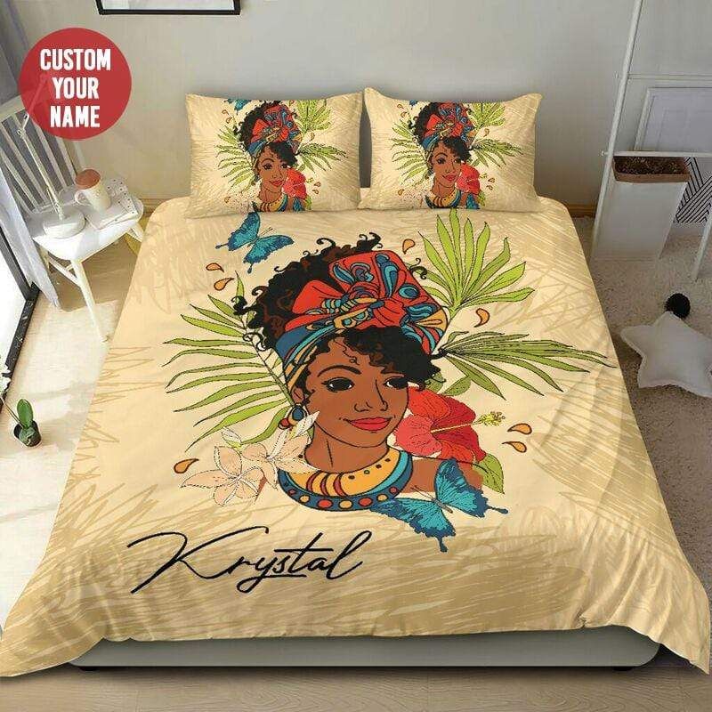 Personalized Tropical African Black Woman Custom Name Duvet Cover Bedding Set