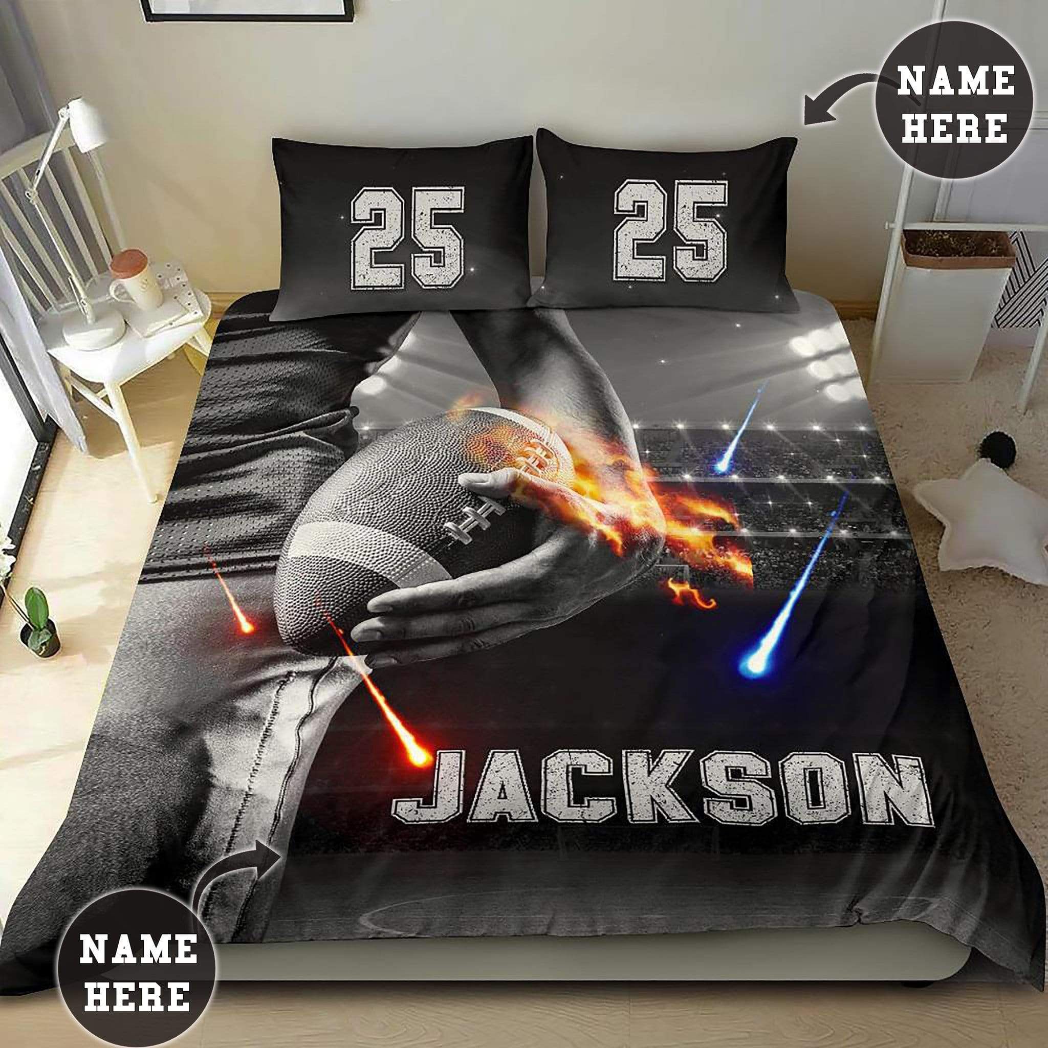 Personalized B&W American Football Player Custom Duvet Cover Bedding Set With Your Name