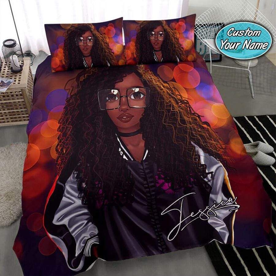 Personalized Long Hair Black Woman Wearing Glasses Custom Name Duvet Cover Bedding Set