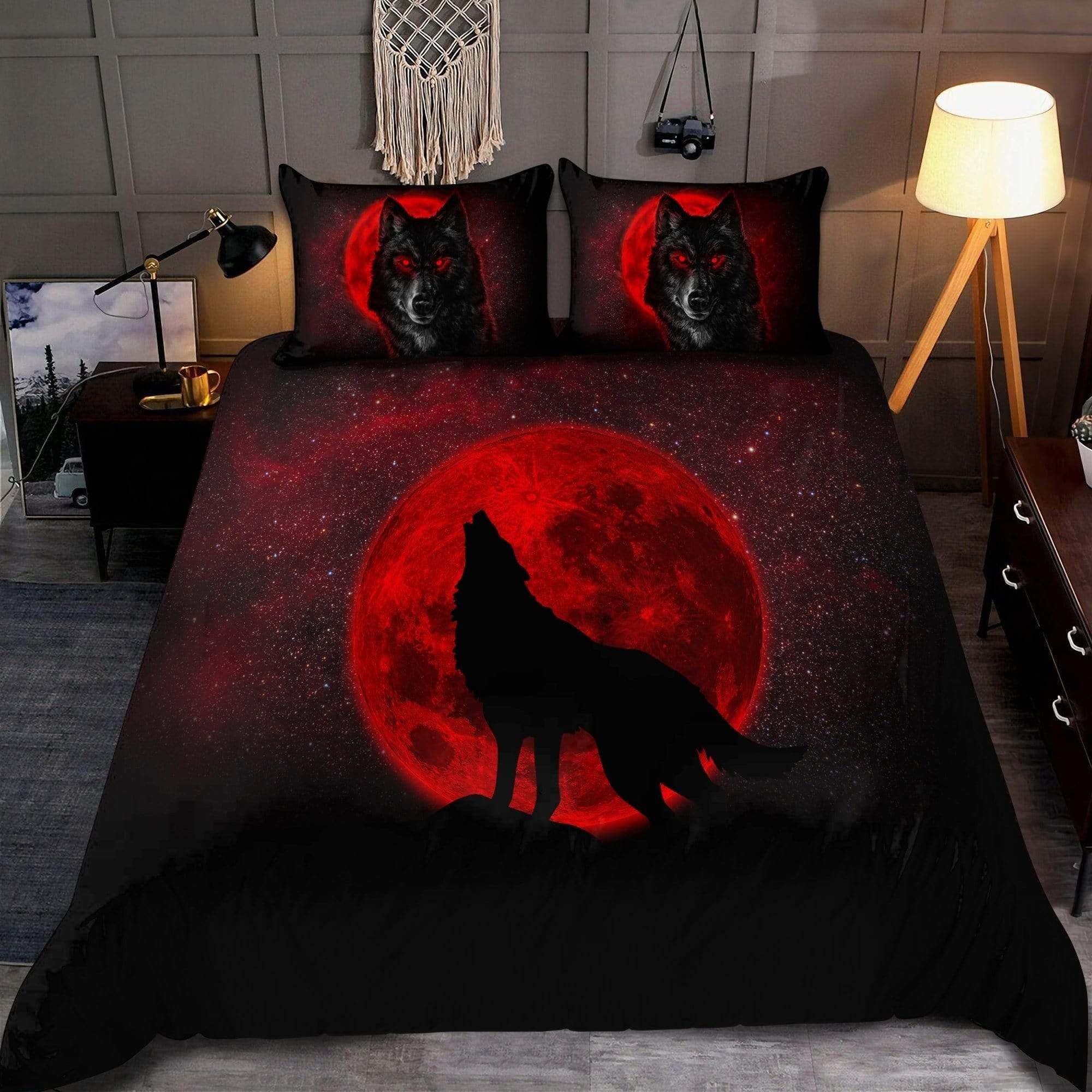 Wolf With The Moon Red Duvet Cover Bedding Set
