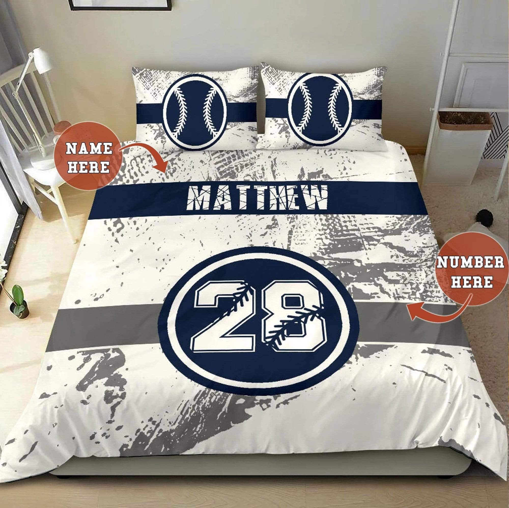 Personalized Blue Baseball Pattern Custom Duvet Cover Bedding Set With Your Name
