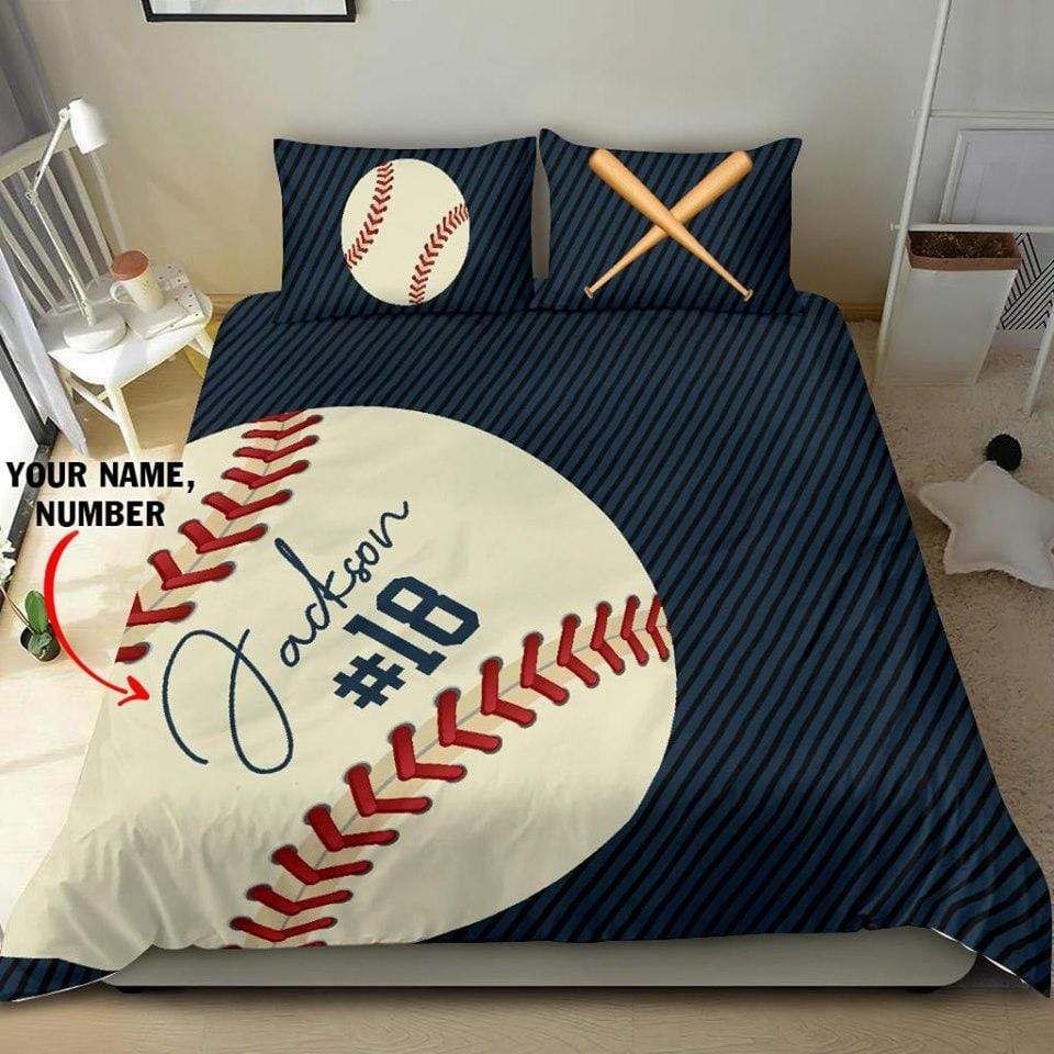 Personalized Customized Duvet Cover Baseball Navy Bedding Set With Your Name