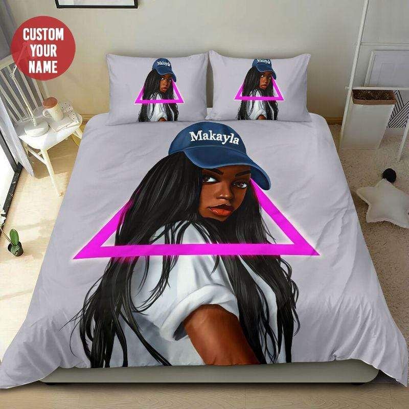 Personalized Black Girl Wear Cap Gray Bedding Custom Name Duvet Cover Bedding Set