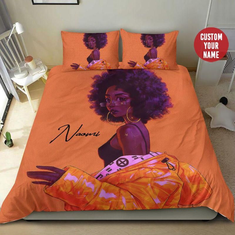 Personalized Black Girl Loves Orange Custom Name Duvet Cover Bedding Set