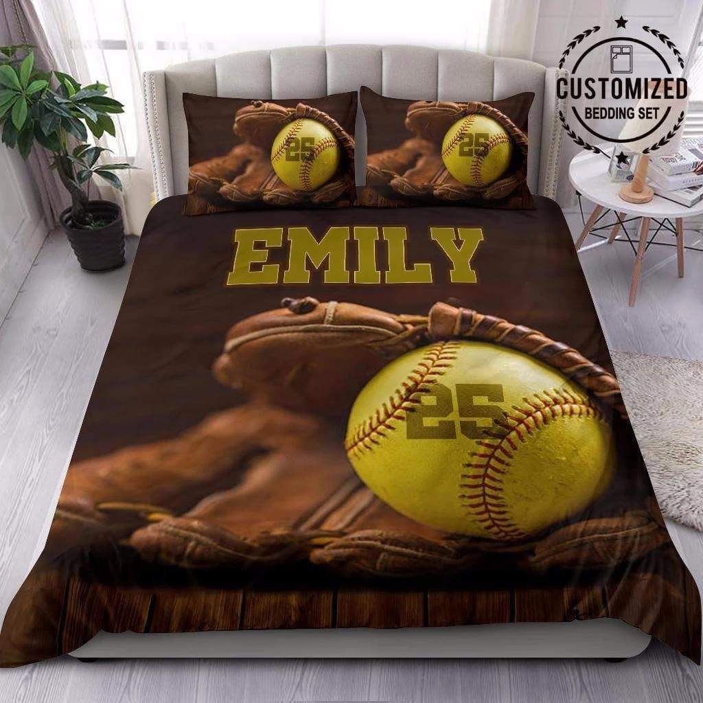Personalized Customized Duvet Cover Softball Brown Glove Bedding Set With Your Name