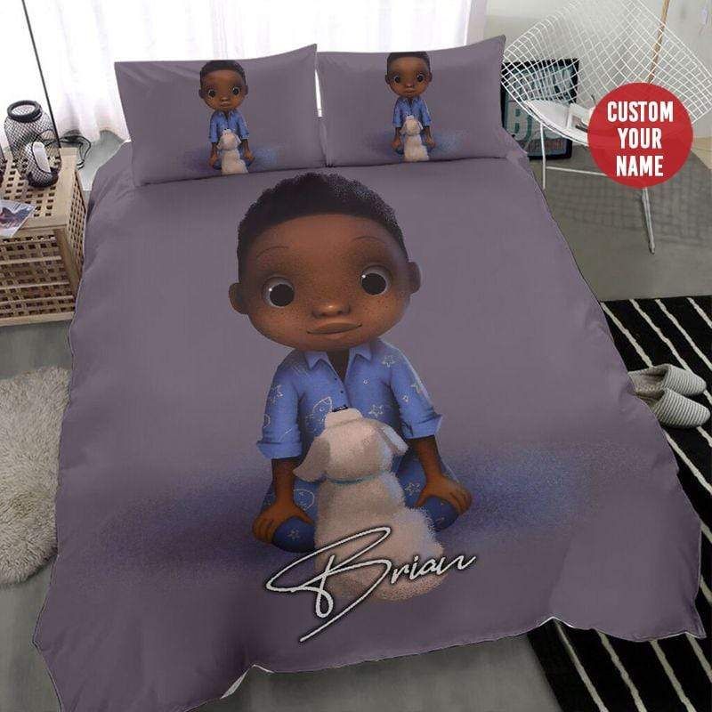 Personalized Cute Black Boy With Dog African Custom Name Duvet Cover Bedding Set