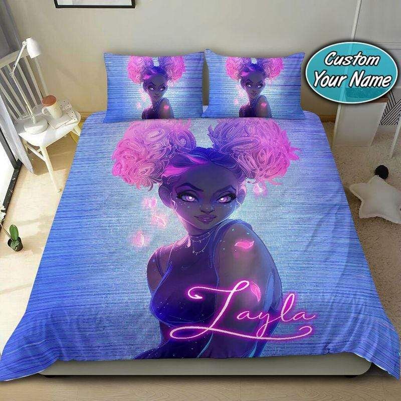Personalized Black Girl Cartoon Pink Hair African Custom Name Duvet Cover Bedding Set