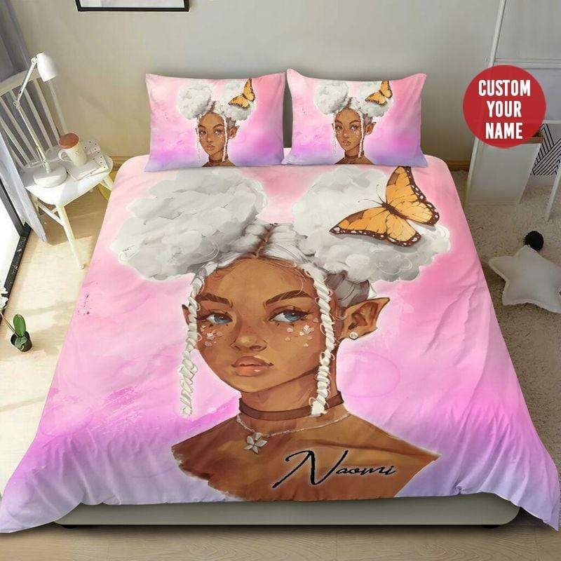Personalized Black Girl White Hair Butterfly Custom Name Duvet Cover Bedding Set