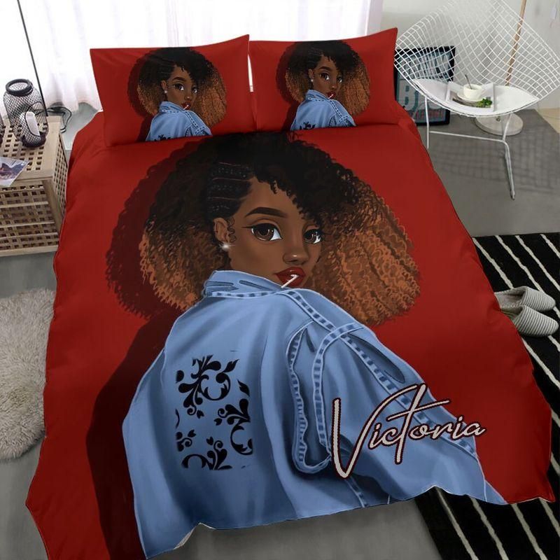 Personalized Black Girl Afro Jean Jacket Custom Name Duvet Cover Bedding Set