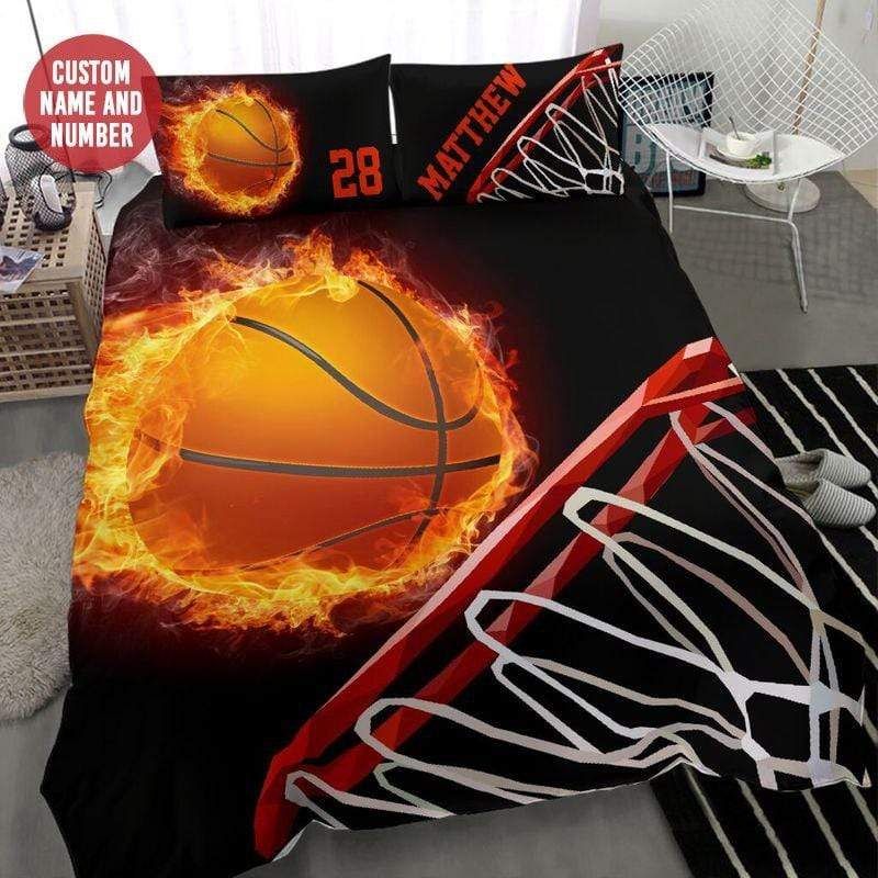 Personalized Basketball Fire Ball Hoop Custom Duvet Cover Bedding Set With Your Name