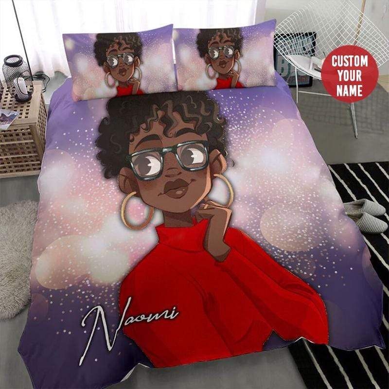 Personalized African American Black Girl Short Hair Custom Name Duvet Cover Bedding Set