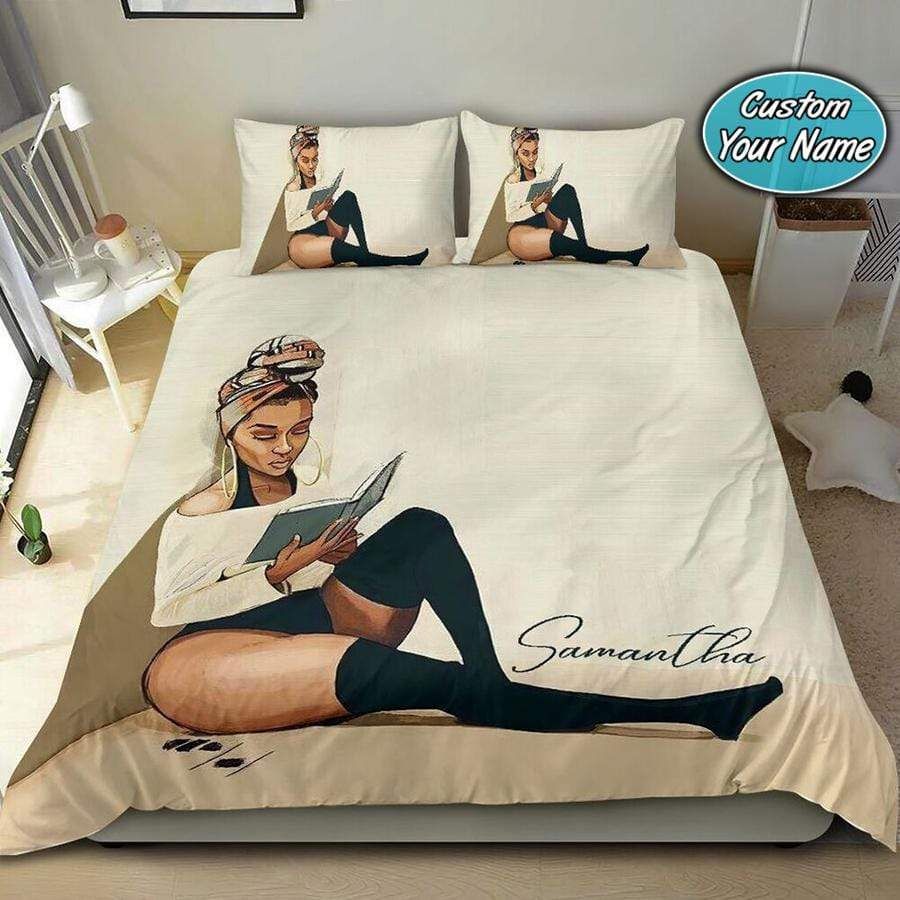 Personalized Black Pretty Girl Reads Book Custom Name Duvet Cover Bedding Set