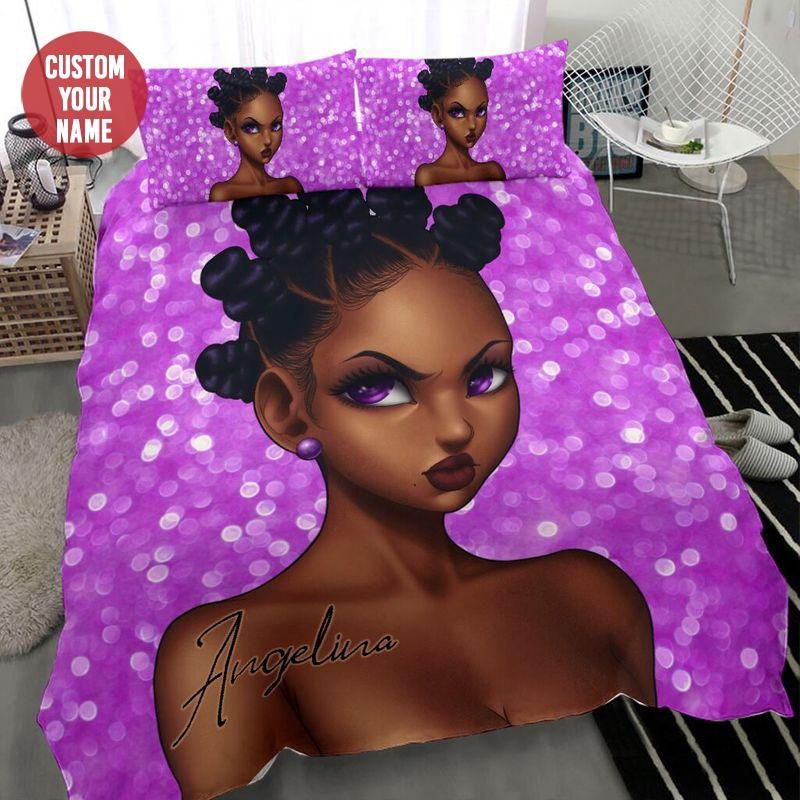 Personalized Bling Purple Black Girl Angry Custom Duvet Cover Bedding Set With Your Name