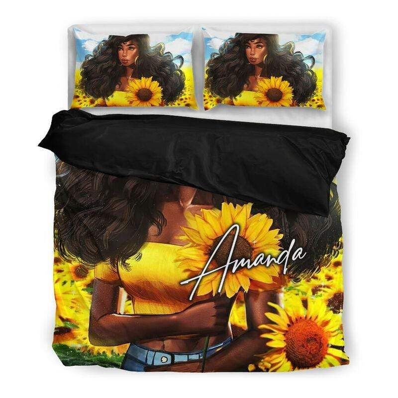 Personalized Black Girl Long Curly Hair Sunflower Custom Name Duvet Cover Bedding Set