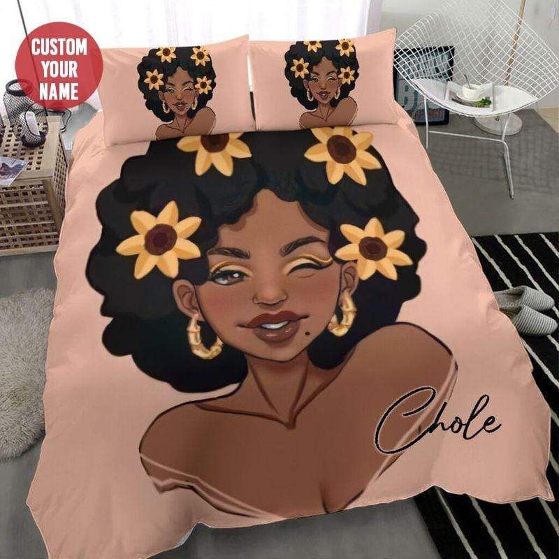 Personalized Happy Black Woman Flower On Afro Hair Duvet Cover Bedding Set With Your Name