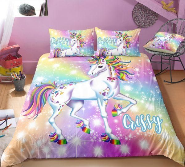 Personalized Cute Bling Rainbow Unicorn Girls Custom Name Duvet Cover Bedding Set