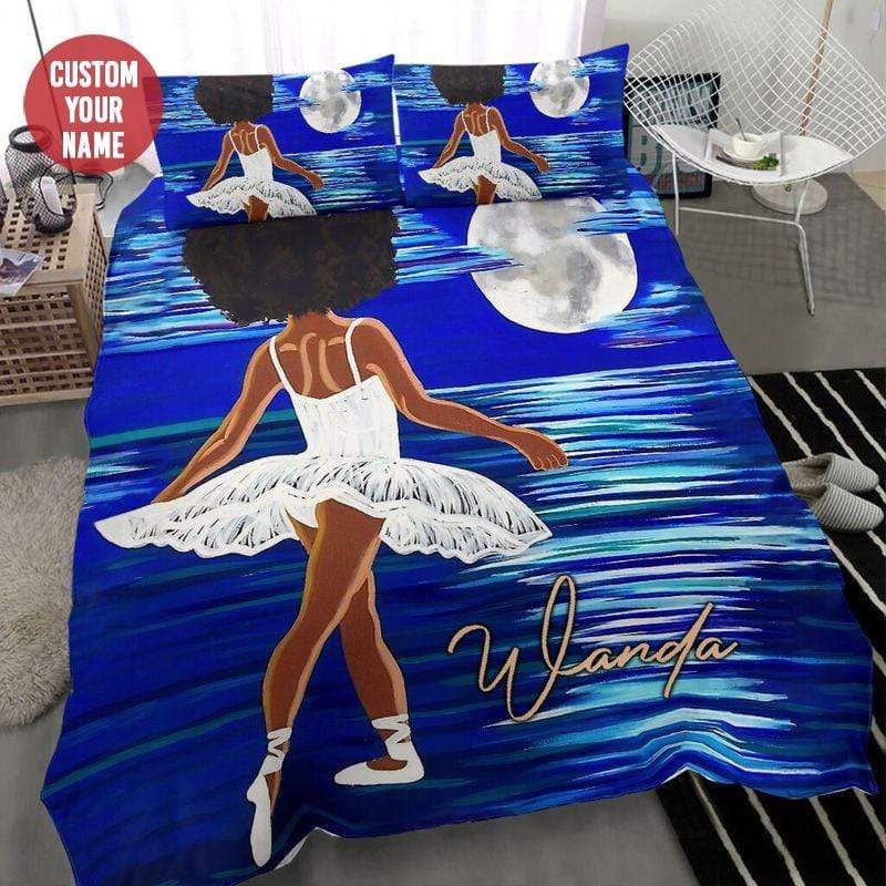 Personalized Blue Ballet Cute Black Girl Moon Custom Name Duvet Cover Bedding Set