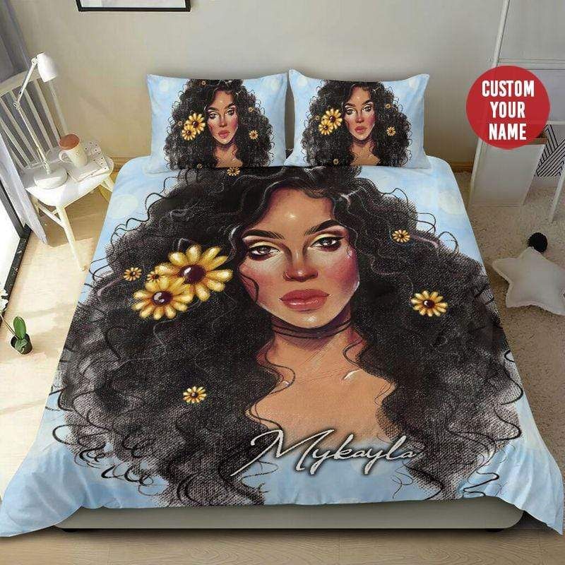 Personalized Black Girl Flower Hair Custom Name Duvet Cover Bedding Set