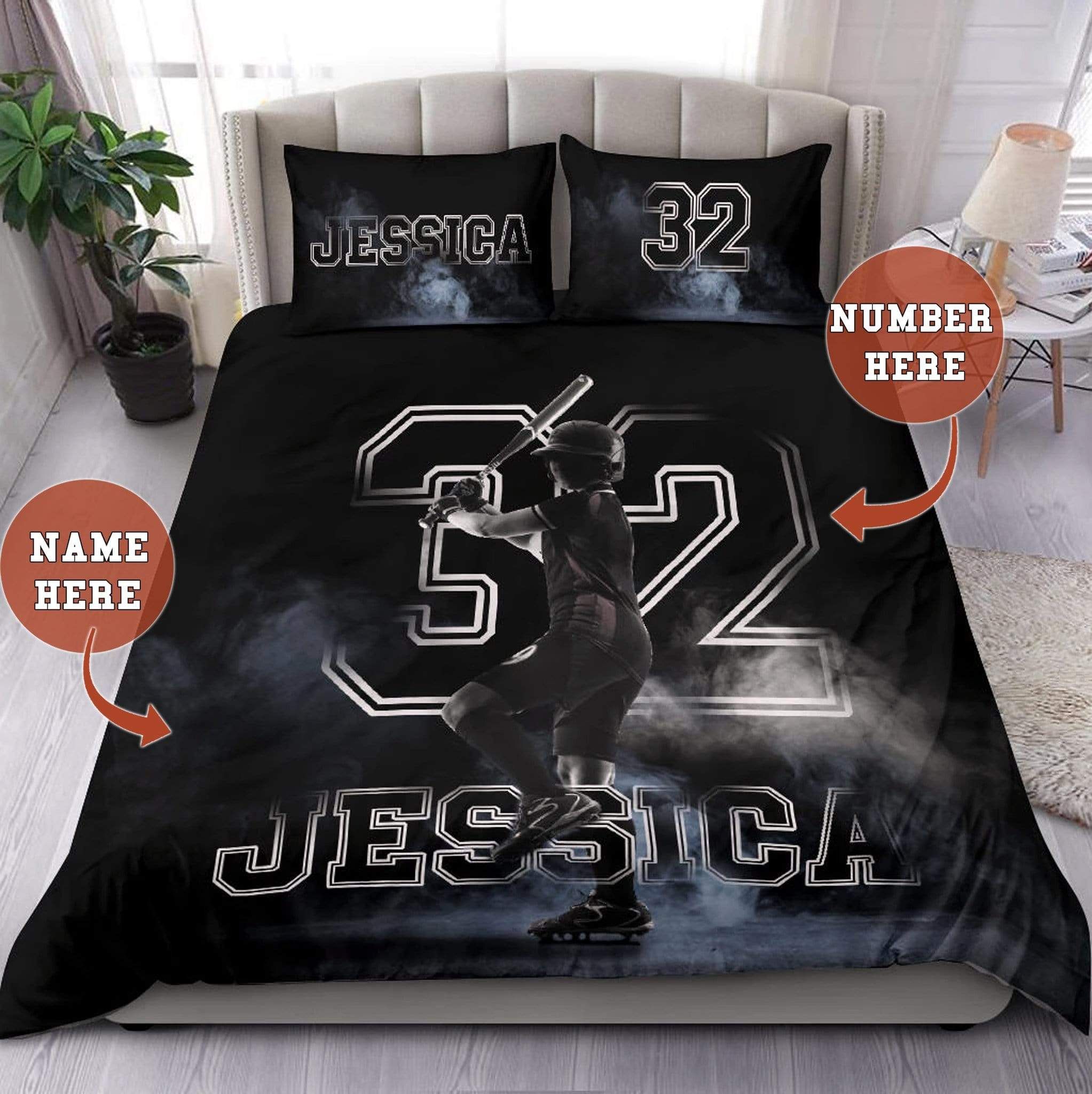 Personalized Smoke Softball Player Custom Duvet Cover Bedding Set With Your Name
