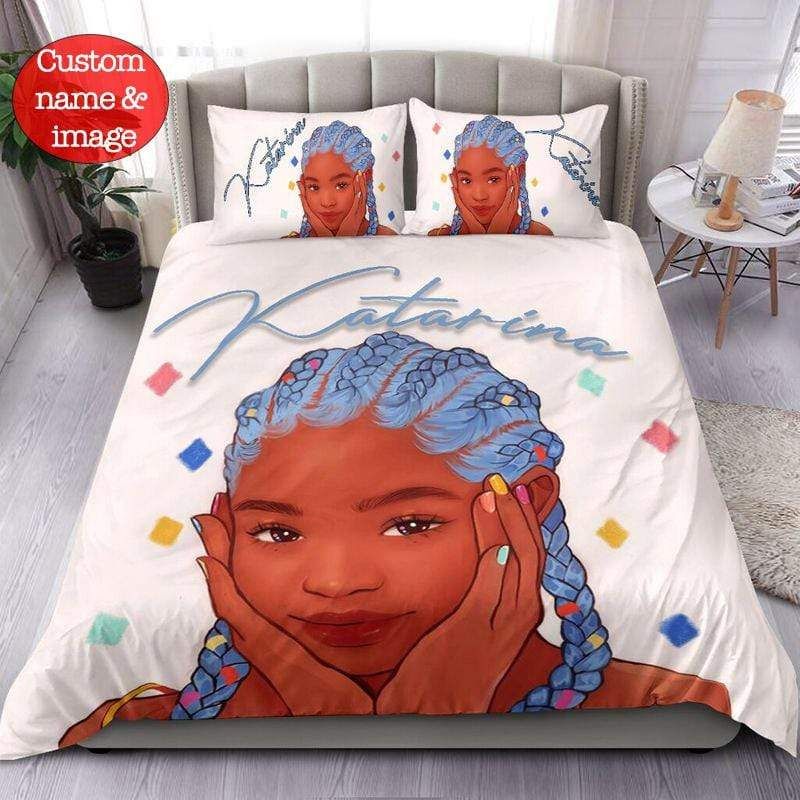 Personalized Black Girl So Cute Blue Hair Bedding Set Custom Name & Image