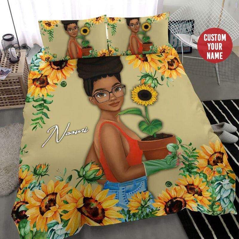 Personalized Black Girl Grow Sunflower Custom Name Duvet Cover Bedding Set