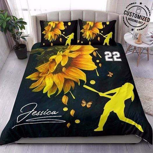 Personalized Customized Softball Sunflower Player Bedding Set With Your Name