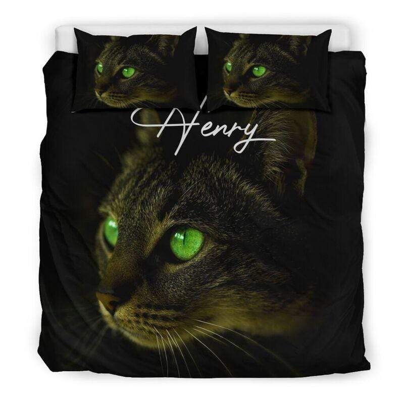 Personalized Green Eyes Cat Custom Duvet Cover Bedding Set Court With Your Name
