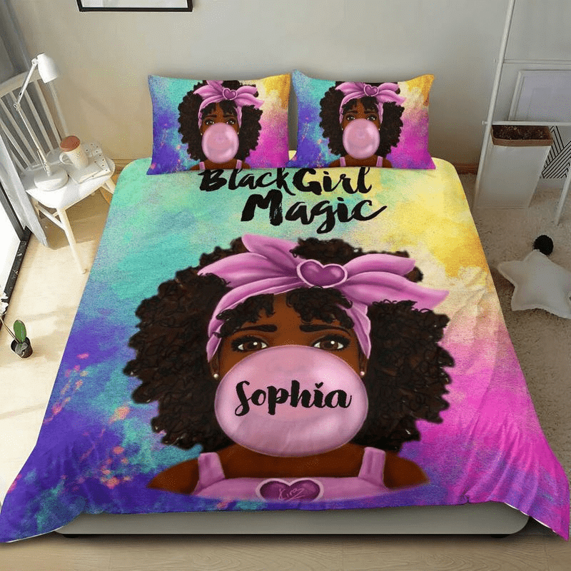 Personalized African American Black Baby Girl Magic Custom Name Duvet Cover Bedding Set PANBED0047