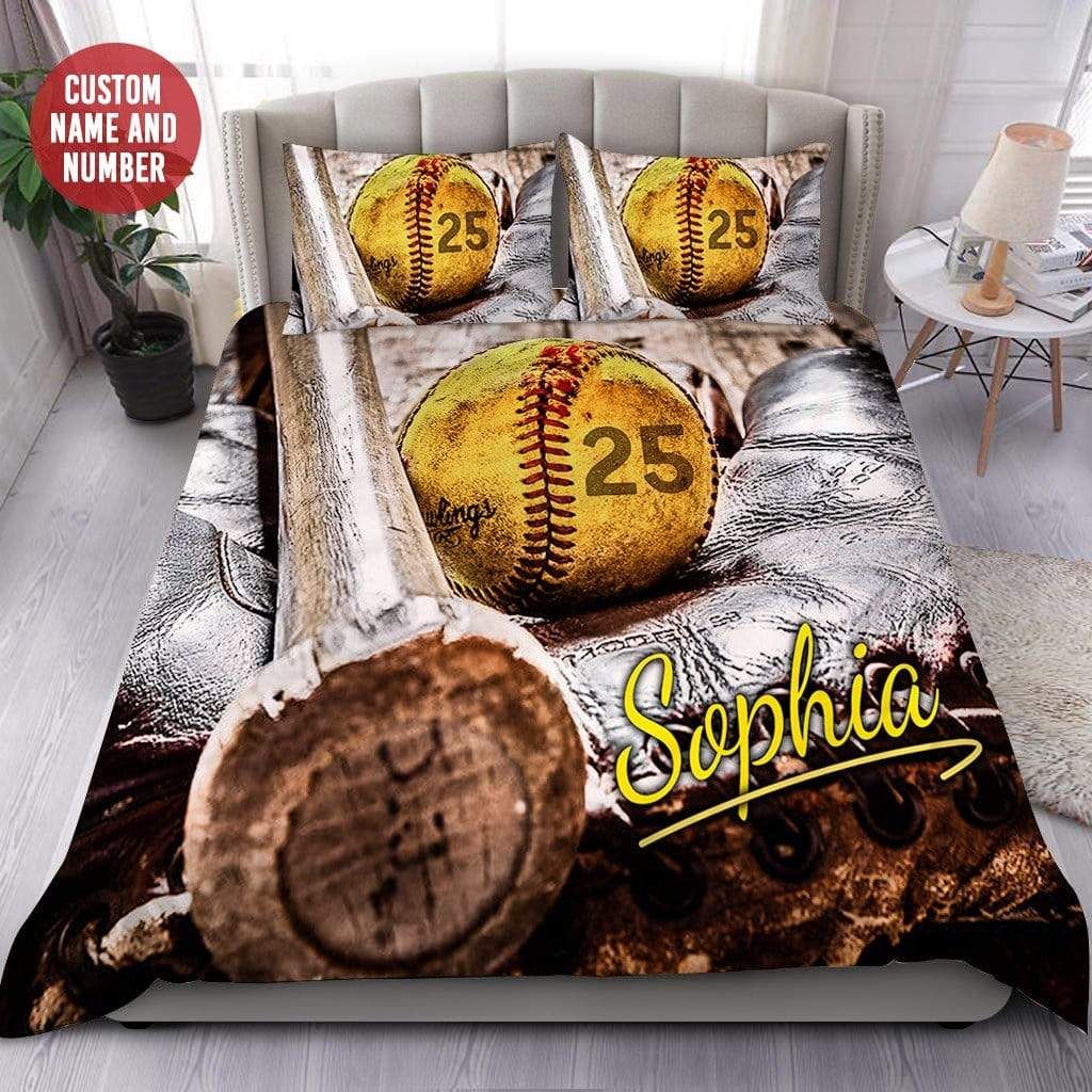Personalized Vintage Softball Leather Glove Custom Duvet Cover Bedding Set With Your Name