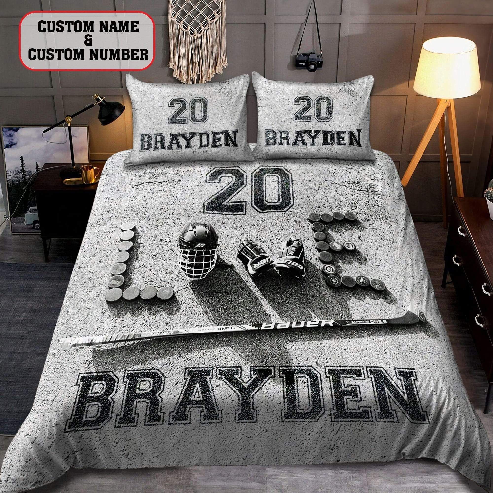 Personalized B&W Love Hockey Custom Name Duvet Cover Bedding Set
