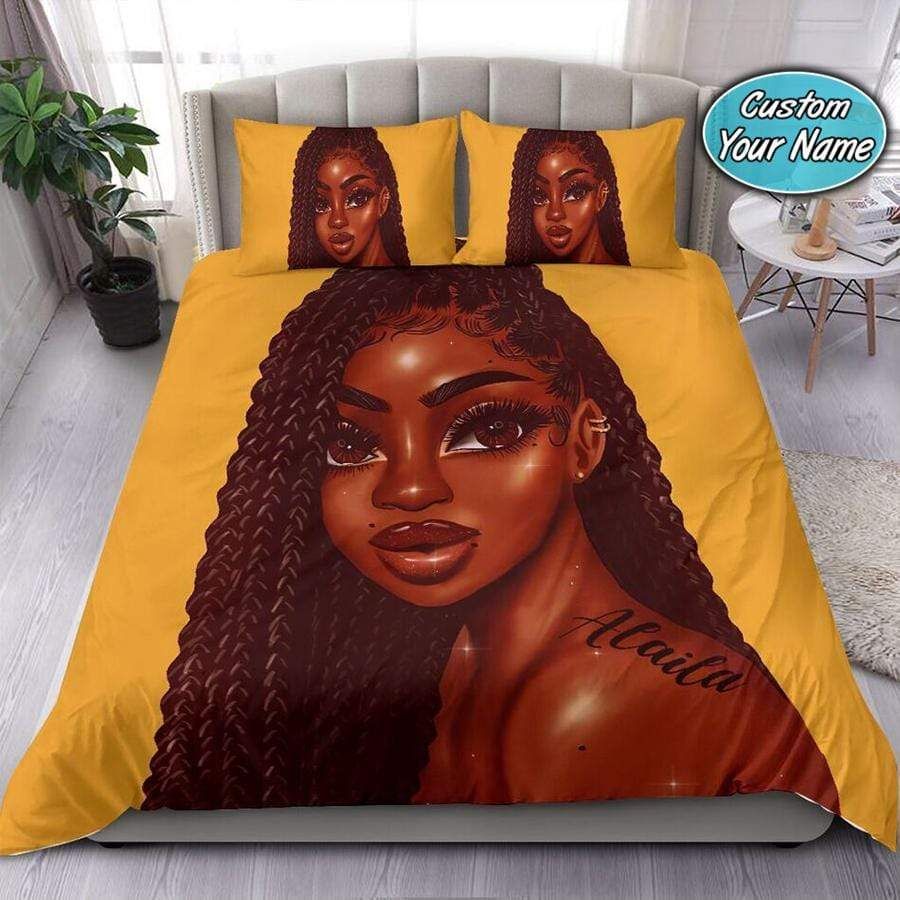 Personalized Long Hair Black Woman Custom Name Duvet Cover Bedding Set