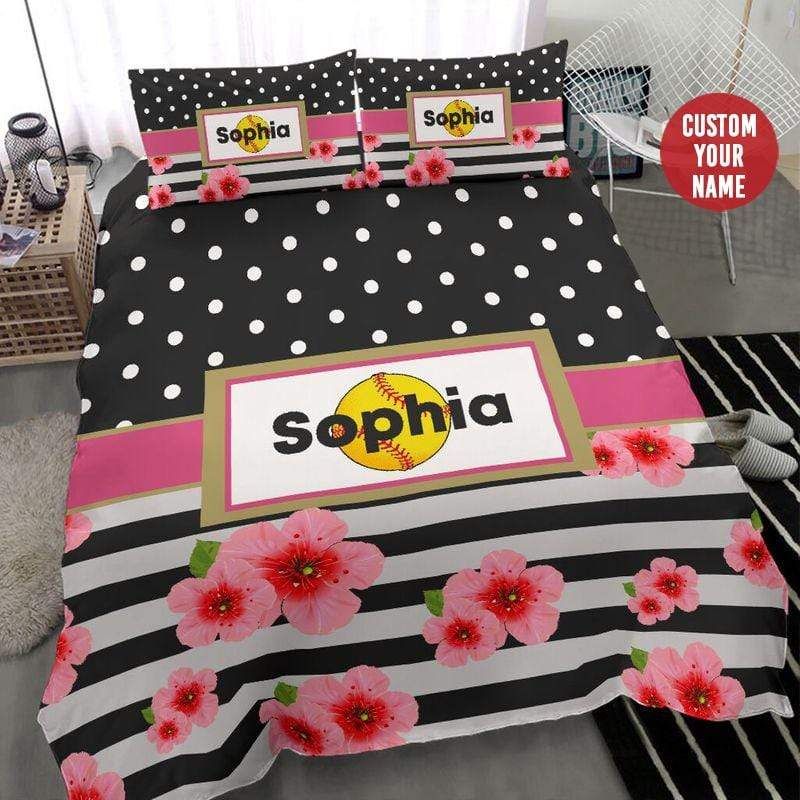 Personalized Softball Blossom Pattern Custom Duvet Cover Bedding Set With Name
