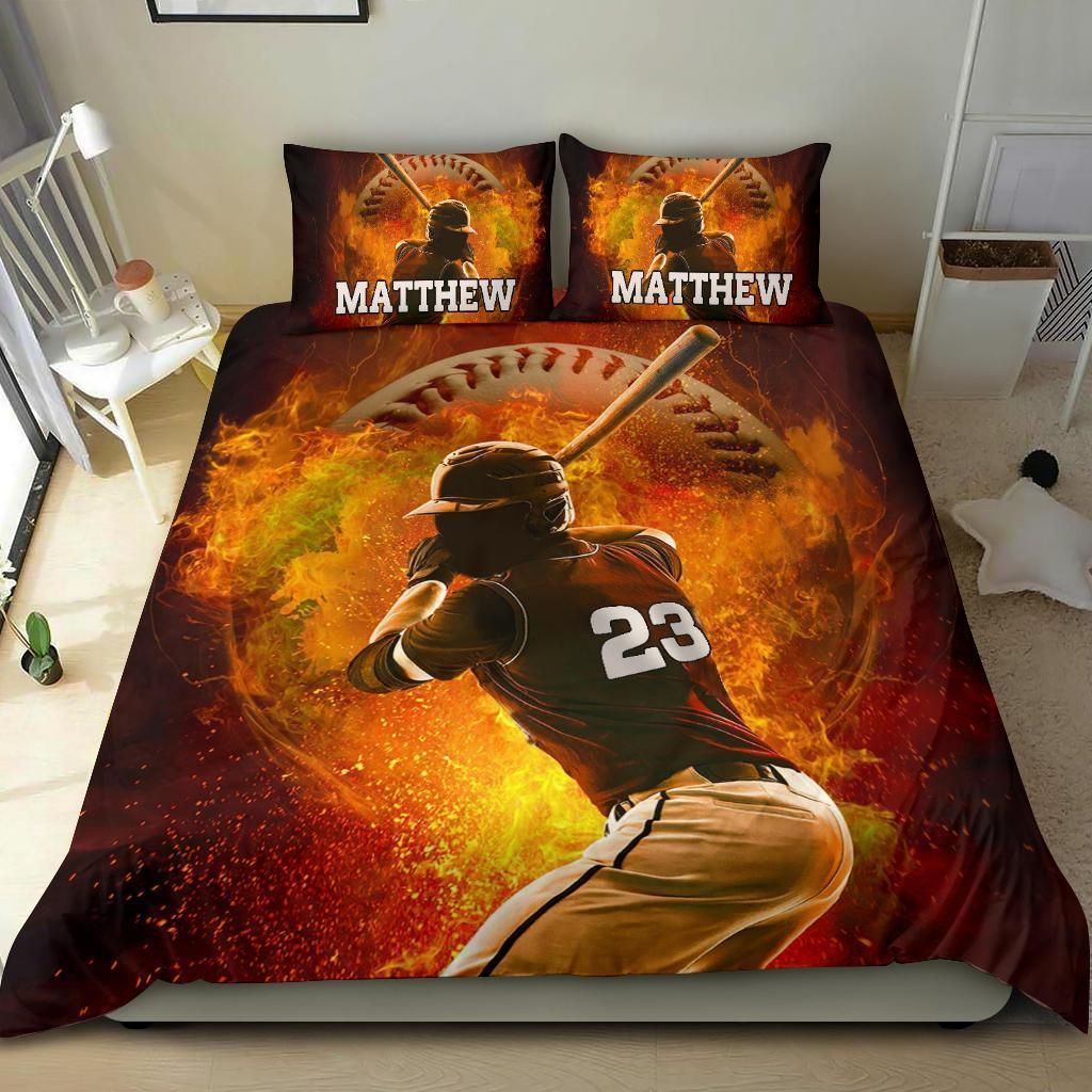 Personalized Baseball Fire Custom Duvet Cover Bedding Set With Your Name