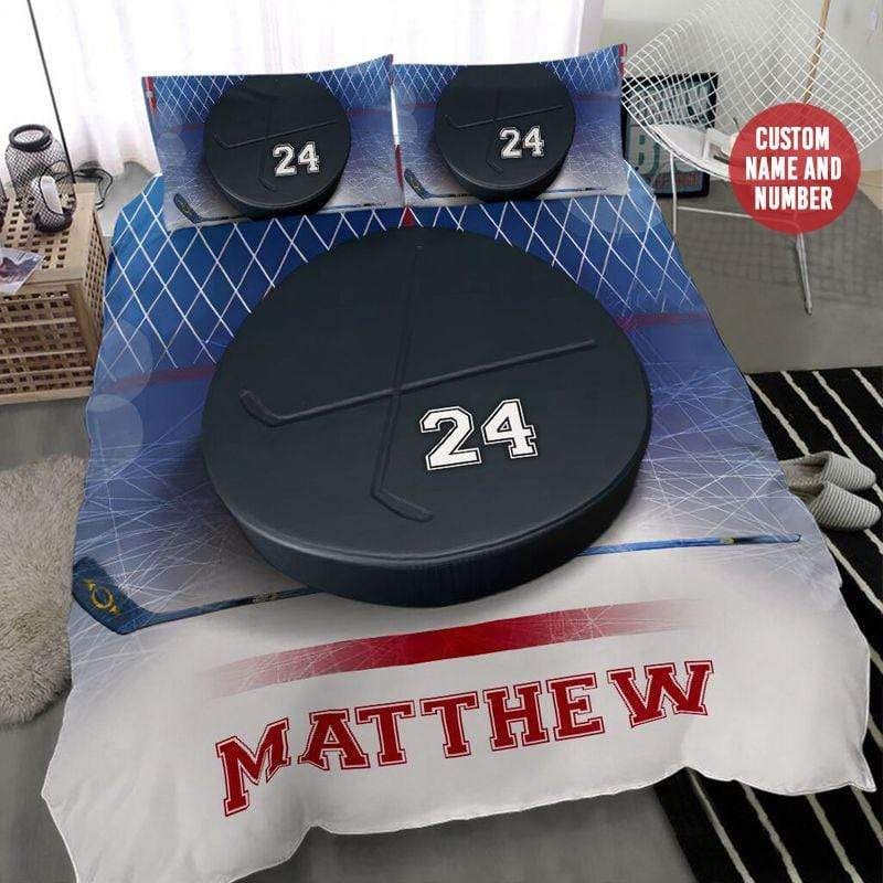 Personalized Hockey Puck Custom Duvet Cover Bedding Set With Your Name And Number