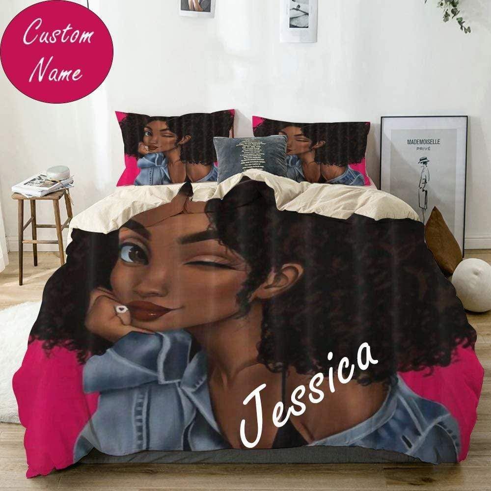 Personalized African American Pink Girl Bedding Custom Name Comforter Set Duvet Cover Bedding Set