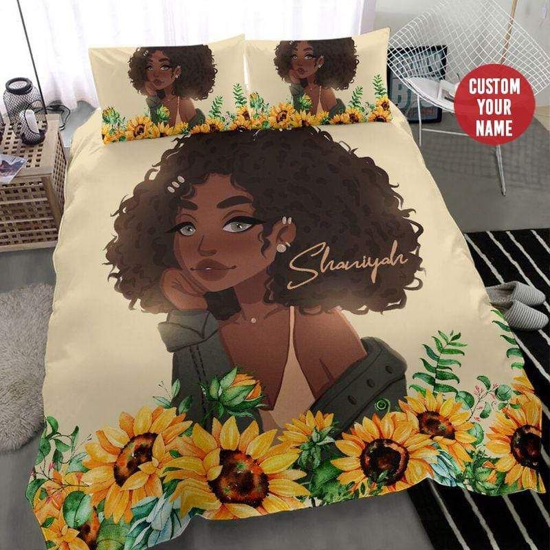 Personalized Sunflower Black Girl Custom Name Duvet Cover Bedding Set