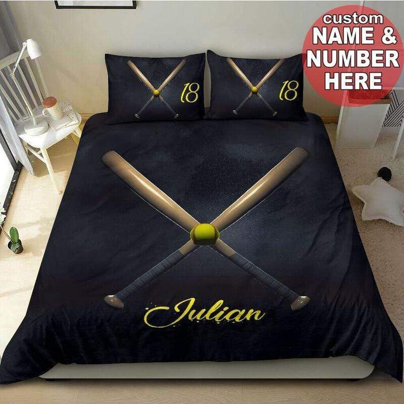 Personalized Softball Bat Custom Duvet Cover Bedding Set Black